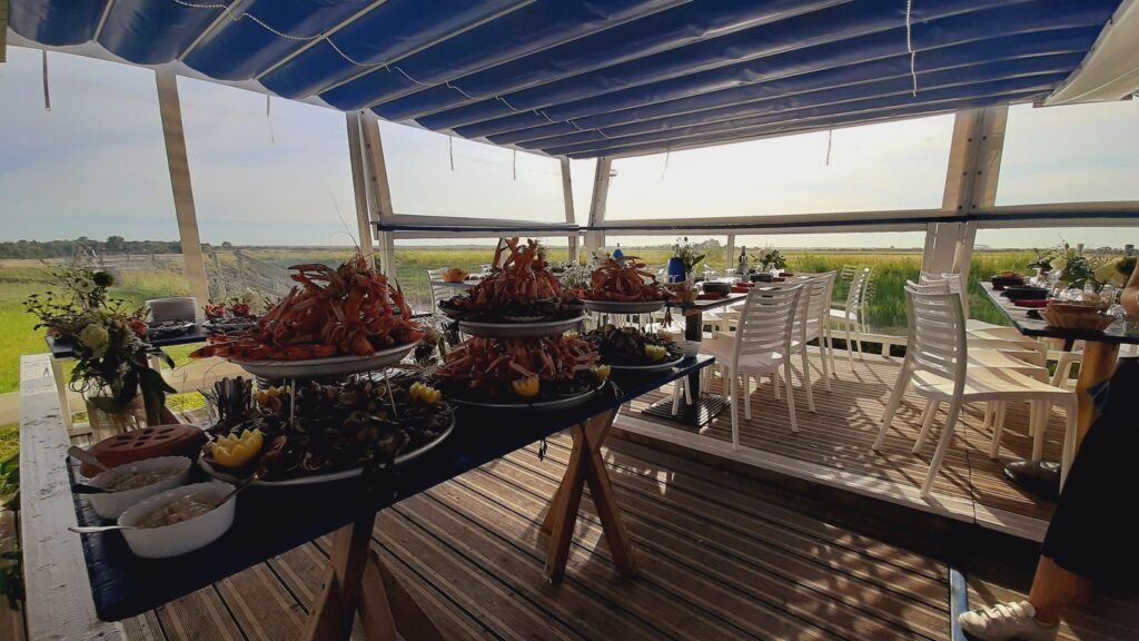 Plateaux de fruits de mer sur une terrasse boisée avec vue sur les marais.