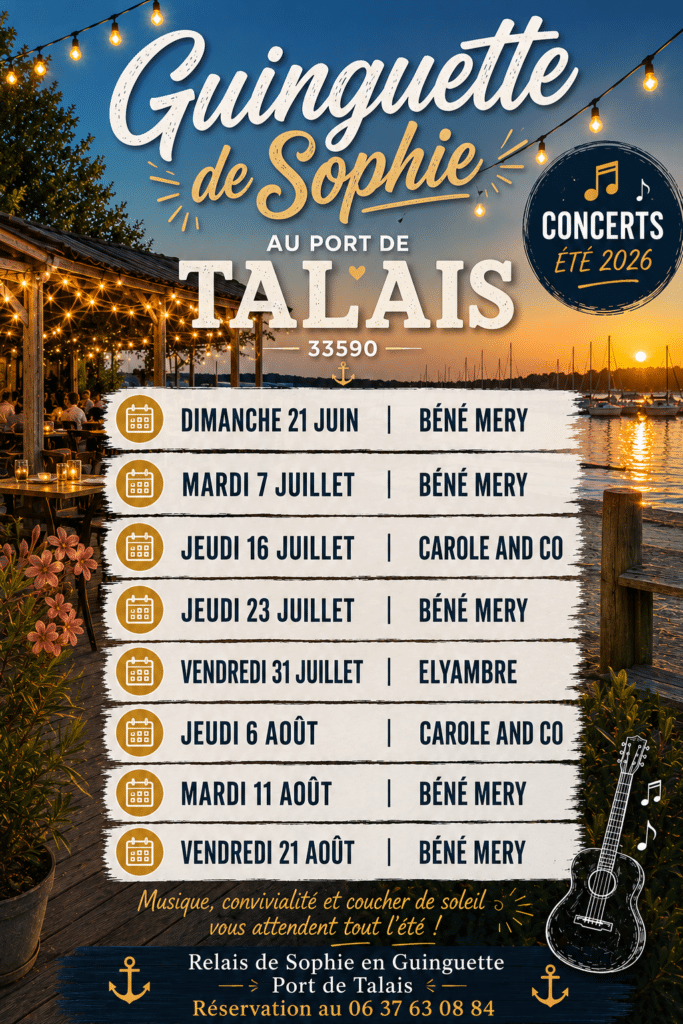 Programme concerts été 2026 Guinguette de Sophie au Port de Talais. Musique live et coucher de soleil en terrasse.