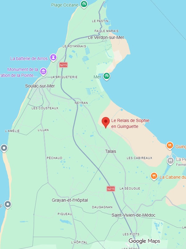 Le Relais de Sophie à Talais : Plan d'accès Médoc Carte du nord Médoc situant Le Relais de Sophie en Guinguette à Talais, entre Soulac et Le Verdon.